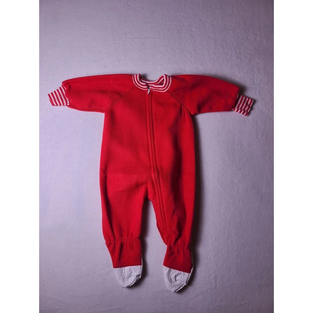USA VTG Y2K Triboro Footed Sleeper Baby 6-12M Red Fleece Striped Trim 90s